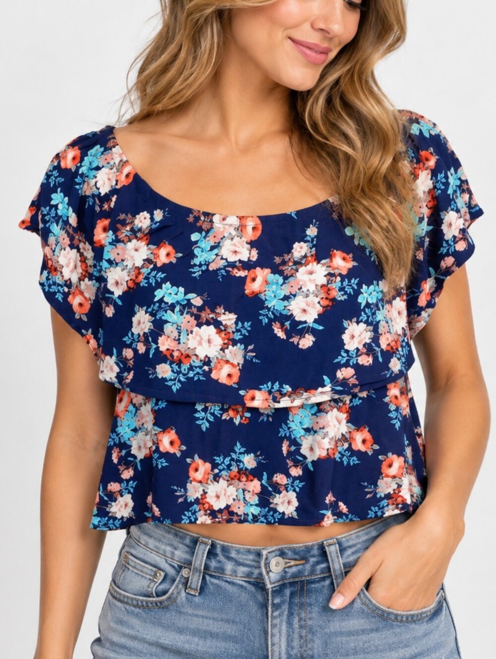 IRIS | Women’s Navy Blue Floral Tiered Cropped Blouse Size M